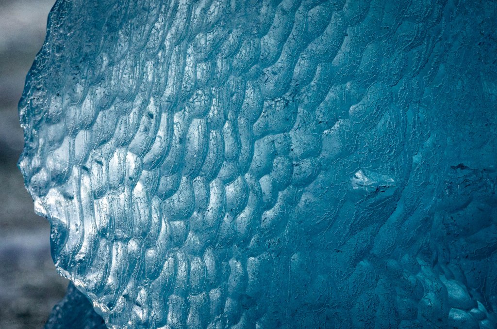 Close-up of a textured piece of ice with a shimmering blue hue, showcasing the intricate patterns and surface details.